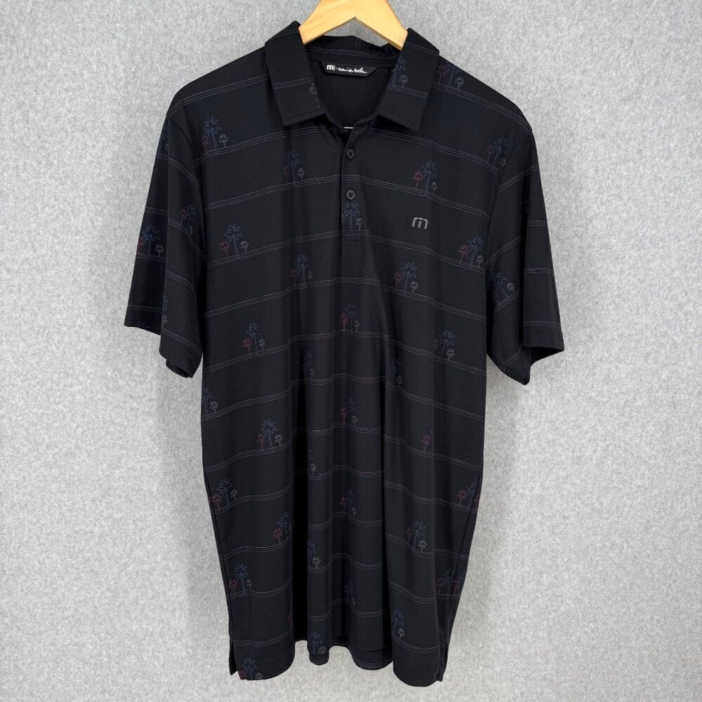 Travis Mathew Mens Honopu Golf Polo Shirt Size XL Black Palm Tree Stripe EUC